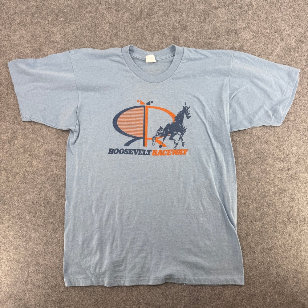 VTG Roosevelt Raceway T Shirt Mens M Blue Horse Racing Harness Single Stitch EUC